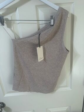One-Shoulder Ribbed Tank Top in Light Taupe